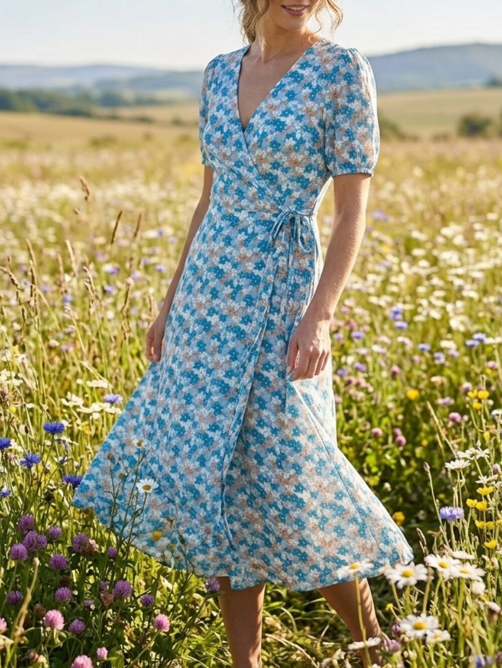 Charlie Holiday Blue Floral Wrap Midi Dress